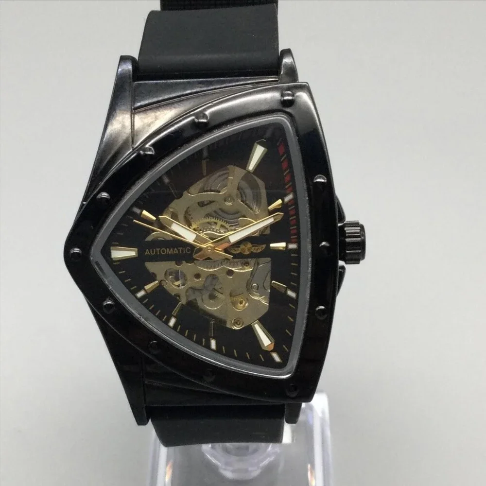 Winner Mens Watch 37mm Black Gold Skeleton Dial Automatic Triangle Case